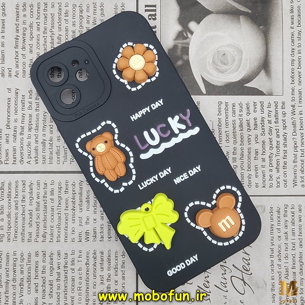 قاب گوشی iPhone 12 آیفون طرح سیلیکونی ژله ای سه بعدی برجسته عروسکی محافظ لنز دار مشکی کد 611