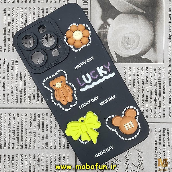 قاب گوشی iPhone 13 Pro آیفون طرح سیلیکونی ژله ای سه بعدی برجسته عروسکی محافظ لنز دار مشکی کد 235