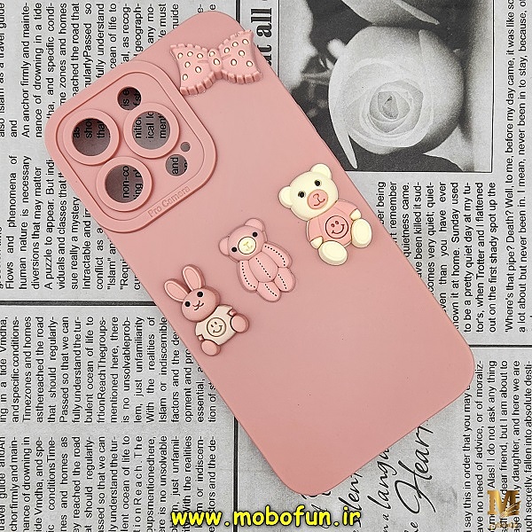 قاب گوشی iPhone 13 Pro آیفون طرح سیلیکونی ژله ای سه بعدی برجسته عروسکی محافظ لنز دار صورتی کد 237