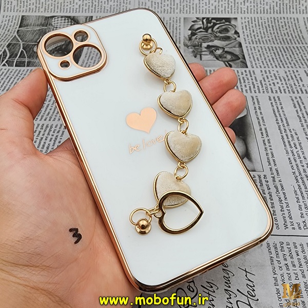 قاب گوشی iPhone 14 Plus آیفون طرح مای کیس گلد لاین لاکچری دستبندی زنجیری قلبی مخملی آویزدار محافظ لنز دار سفید کد 9