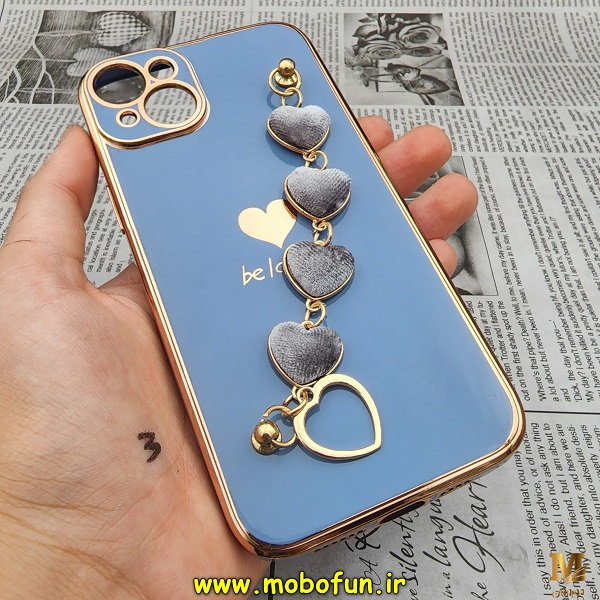 قاب گوشی iPhone 14 Plus آیفون طرح مای کیس گلد لاین لاکچری دستبندی زنجیری قلبی مخملی آویزدار محافظ لنز دار آبی سیرا کد 10