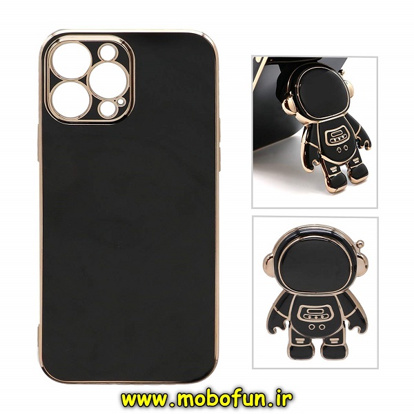 قاب گوشی iPhone 14 Pro Max آیفون طرح ژله ای فضانورد مای کیس گلد لاین دور طلایی محافظ لنز دار مشکی کد 39