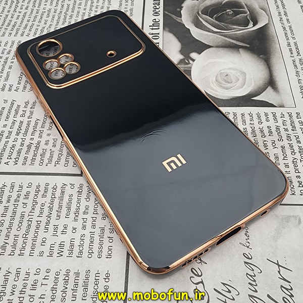 قاب گوشی Poco M4 Pro 4G شیائومی طرح ژله ای مای کیس گلد لاین دور طلایی محافظ لنز دار مشکی کد 81