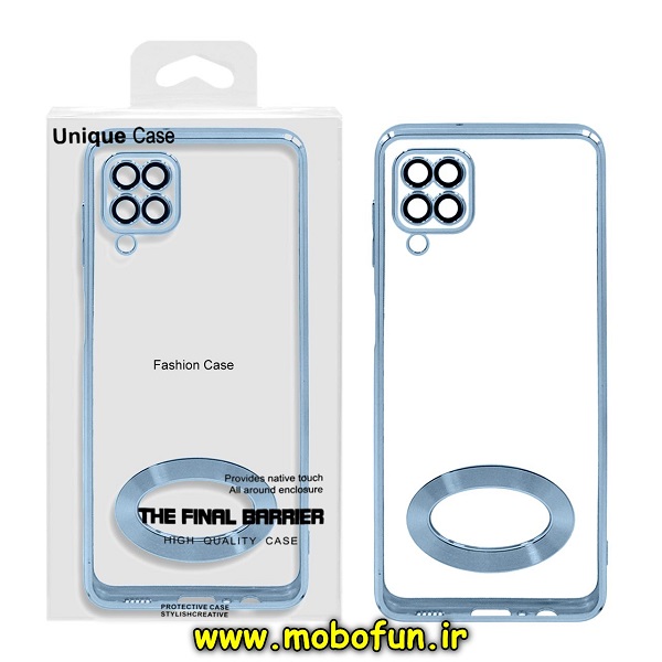 قاب گوشی Galaxy A12 سامسونگ طرح الکتروپلیتینگ مگ سیف ژله ای شفاف اورجینال یونیک کیس Unique Case محافظ لنز دار آبی کد 880