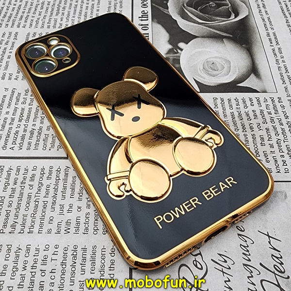 قاب گوشی iPhone 11 Pro Max آیفون طرح ژله ای مای کیس خرس طلایی تدی برجسته POWER BEAR محافظ لنز دار مشکی کد 424