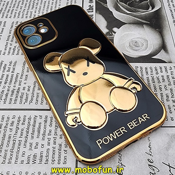 قاب گوشی iPhone 12 آیفون طرح ژله ای مای کیس خرس طلایی تدی برجسته POWER BEAR محافظ لنز دار مشکی کد 646