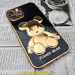 قاب گوشی iPhone 12 Pro آیفون طرح ژله ای مای کیس خرس طلایی تدی برجسته POWER BEAR محافظ لنز دار مشکی کد 665