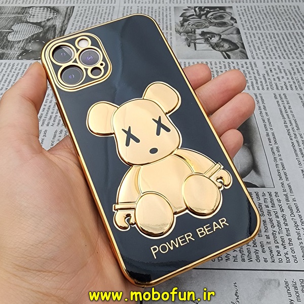 قاب گوشی iPhone 12 Pro آیفون طرح ژله ای مای کیس خرس طلایی تدی برجسته POWER BEAR محافظ لنز دار مشکی کد 665