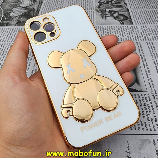 قاب گوشی iPhone 12 Pro آیفون طرح ژله ای مای کیس خرس طلایی تدی برجسته POWER BEAR محافظ لنز دار سفید کد 666