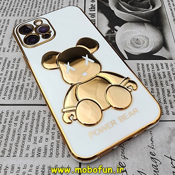 قاب گوشی iPhone 12 Pro آیفون طرح ژله ای مای کیس خرس طلایی تدی برجسته POWER BEAR محافظ لنز دار سفید کد 666