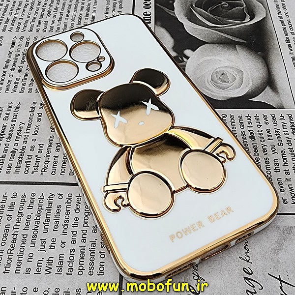 قاب گوشی iPhone 13 Pro آیفون طرح ژله ای مای کیس خرس طلایی تدی برجسته POWER BEAR محافظ لنز دار سفید کد 248