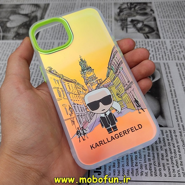 قاب گوشی iPhone 14 آیفون طرح ضدضربه هولوگرامی لنز رنگی هفت رنگ کارل لاجرفلد KARL LAGERFELD کد 20