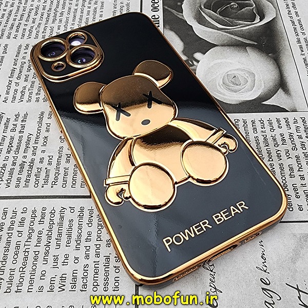قاب گوشی iPhone 14 آیفون طرح ژله ای مای کیس خرس طلایی تدی برجسته POWER BEAR محافظ لنز دار مشکی کد 29