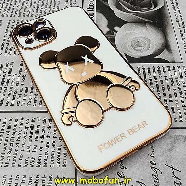 قاب گوشی iPhone 14 آیفون طرح ژله ای مای کیس خرس طلایی تدی برجسته POWER BEAR محافظ لنز دار سفید کد 30