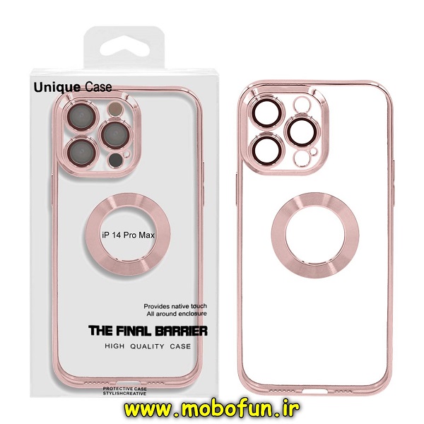قاب گوشی iPhone 14 Pro Max آیفون طرح الکتروپلیتینگ مگ سیف ژله ای شفاف اورجینال یونیک کیس Unique Case محافظ لنز دار رزگلد کد 50