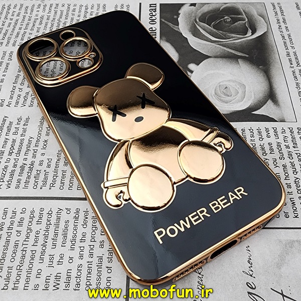 قاب گوشی iPhone 14 Pro Max آیفون طرح ژله ای مای کیس خرس طلایی تدی برجسته POWER BEAR محافظ لنز دار مشکی کد 57