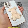 قاب گوشی iPhone 14 Pro Max آیفون طرح ژله ای مای کیس خرس طلایی تدی برجسته POWER BEAR محافظ لنز دار سفید کد 58