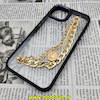 قاب گوشی iPhone 14 آیفون اورجینال متال کیس Metal طرح پشت طلق شفاف دور سیلیکونی دستبندی کارتیر مشکی طلایی کد 42