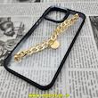 قاب گوشی iPhone 14 Pro Max آیفون اورجینال متال کیس Metal طرح پشت طلق شفاف دور سیلیکونی دستبندی کارتیر مشکی طلایی کد 97