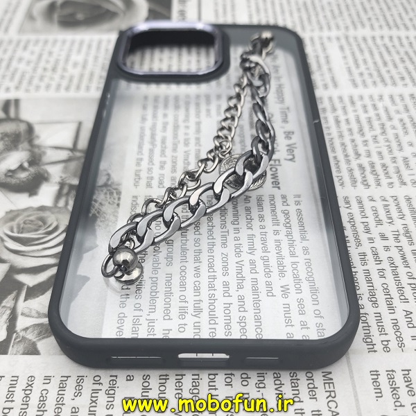 قاب گوشی iPhone 14 Pro Max آیفون اورجینال متال کیس Metal طرح پشت طلق شفاف دور سیلیکونی دستبندی کارتیر مشکی کد 98