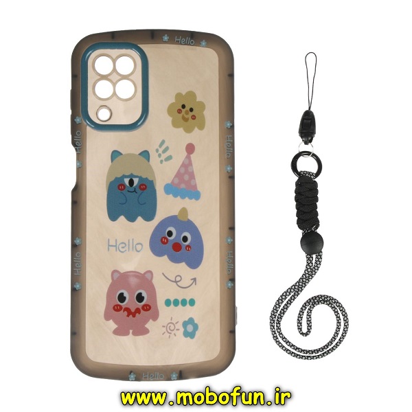 قاب گوشی Galaxy A12 سامسونگ طرح ژله ای شفاف بالشتی شاد HAPPY محافظ لنز دار مشکی آویزدار کد 953