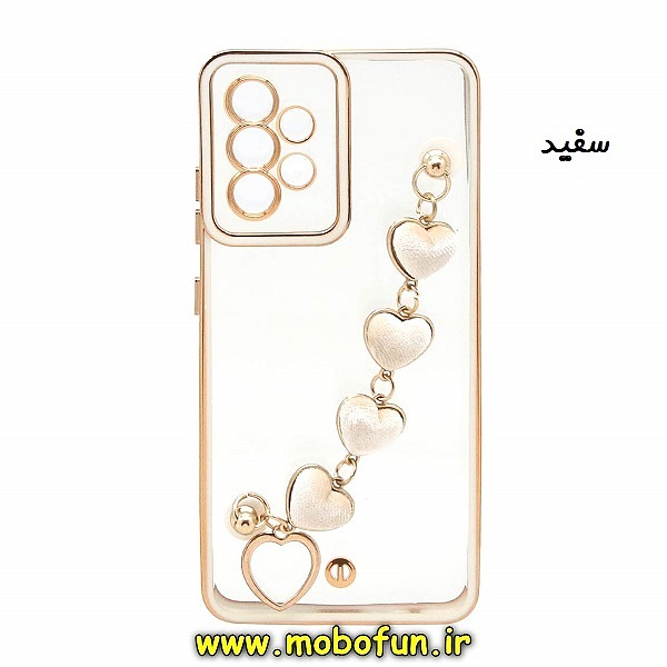 قاب گوشی Galaxy A53 5G سامسونگ طرح الکتروپلیتینگ دستبندی مخمل قلبی ژله ای شفاف محافظ لنز دار سفید کد 369