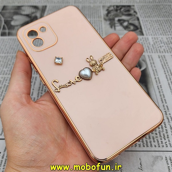 قاب گوشی Galaxy A03 2022 سامسونگ طرح ژله ای مای کیس گلد لاین دور طلایی عروسکی مرواریدی محافظ لنز دار گلبهی کد 57