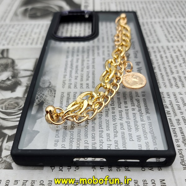 قاب گوشی Galaxy S22 Ultra سامسونگ اورجینال متال کیس Metal طرح پشت طلق شفاف دور سیلیکونی دستبندی کارتیر مشکی طلایی کد 143