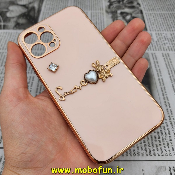 قاب گوشی iPhone 12 Pro آیفون طرح ژله ای مای کیس گلد لاین دور طلایی عروسکی مرواریدی محافظ لنز دار گلبهی کد 705