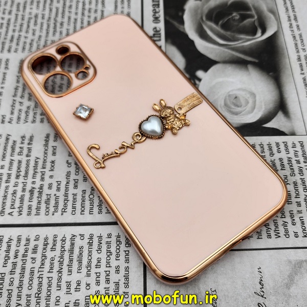 قاب گوشی iPhone 12 Pro آیفون طرح ژله ای مای کیس گلد لاین دور طلایی عروسکی مرواریدی محافظ لنز دار گلبهی کد 705