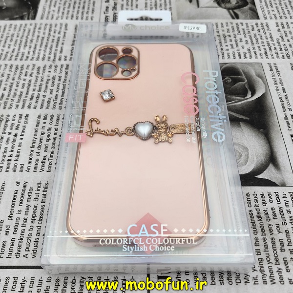 قاب گوشی iPhone 12 Pro آیفون طرح ژله ای مای کیس گلد لاین دور طلایی عروسکی مرواریدی محافظ لنز دار گلبهی کد 705