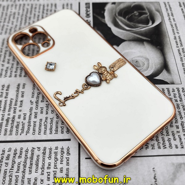 قاب گوشی iPhone 12 Pro آیفون طرح ژله ای مای کیس گلد لاین دور طلایی عروسکی مرواریدی محافظ لنز دار سفید شیری کد 707