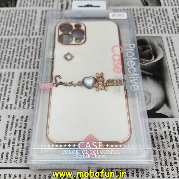 قاب گوشی iPhone 12 Pro آیفون طرح ژله ای مای کیس گلد لاین دور طلایی عروسکی مرواریدی محافظ لنز دار سفید شیری کد 707