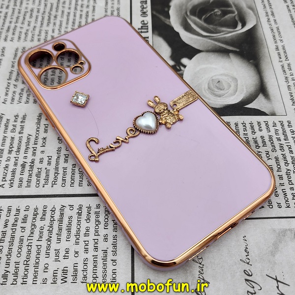 قاب گوشی iPhone 12 Pro آیفون طرح ژله ای مای کیس گلد لاین دور طلایی عروسکی مرواریدی محافظ لنز دار یاسی کد 708