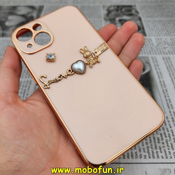 قاب گوشی iPhone 13 آیفون طرح ژله ای مای کیس گلد لاین دور طلایی عروسکی مرواریدی محافظ لنز دار گلبهی کد 364