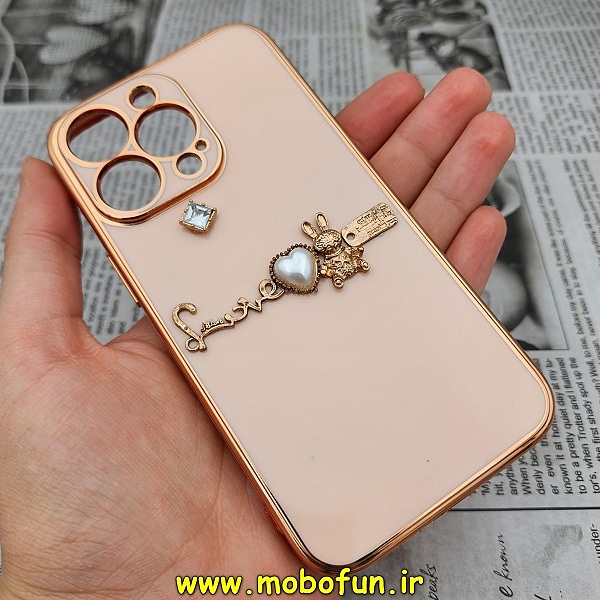 قاب گوشی iPhone 13 Pro آیفون طرح ژله ای مای کیس گلد لاین دور طلایی عروسکی مرواریدی محافظ لنز دار گلبهی کد 292