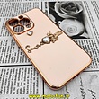قاب گوشی iPhone 13 Pro آیفون طرح ژله ای مای کیس گلد لاین دور طلایی عروسکی مرواریدی محافظ لنز دار گلبهی کد 292