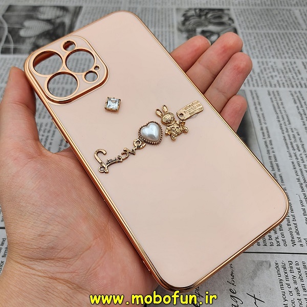 قاب گوشی iPhone 13 Pro Max آیفون طرح ژله ای مای کیس گلد لاین دور طلایی عروسکی مرواریدی محافظ لنز دار گلبهی کد 379