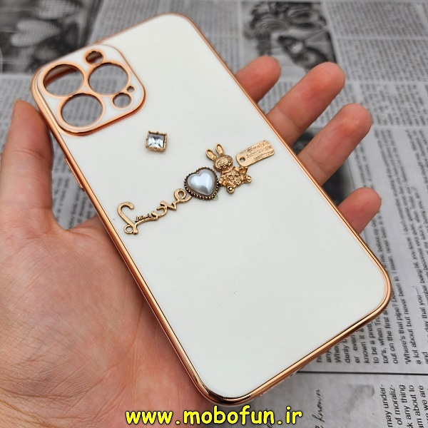 قاب گوشی iPhone 13 Pro Max آیفون طرح ژله ای مای کیس گلد لاین دور طلایی عروسکی مرواریدی محافظ لنز دار سفید شیری کد 381