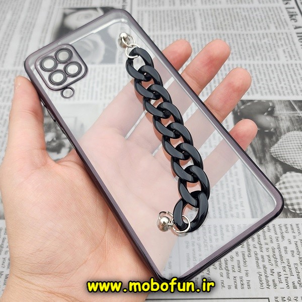 قاب گوشی Galaxy A12 سامسونگ طرح الکتروپلیتینگ ژله ای شفاف اورجینال دستبندی کارتیر محافظ لنز دار مشکی کد 1007