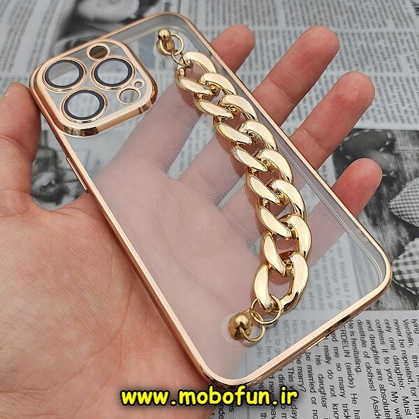 قاب گوشی iPhone 13 Pro آیفون طرح الکتروپلیتینگ ژله ای شفاف اورجینال دستبندی کارتیر محافظ لنز دار طلایی کد 307