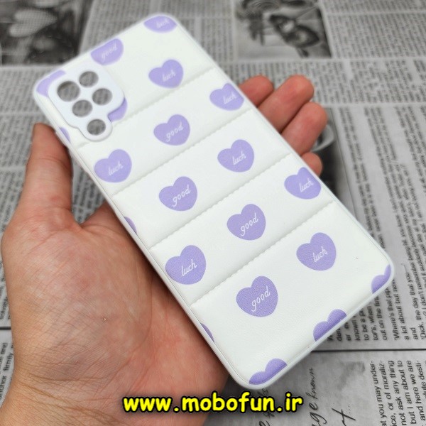 قاب گوشی Galaxy A12 سامسونگ طرح دار پافر چرمی محافظ لنز دار قلب یاسی کد 1027