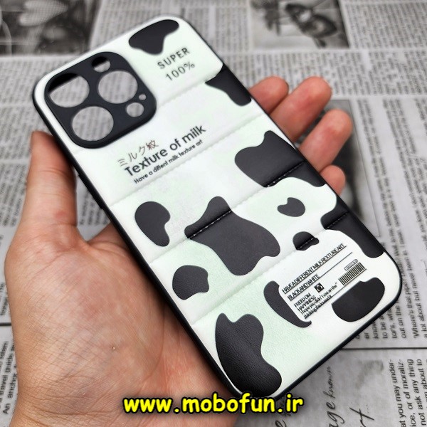 قاب گوشی iPhone 14 Pro Max آیفون طرح دار پافر چرمی محافظ لنز دار سفید مشکی کد 116