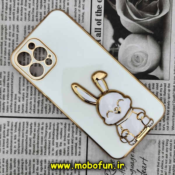 قاب گوشی iPhone 12 Pro Max آیفون طرح ژله ای خرگوشی استندشو مای کیس گلد لاین دور طلایی محافظ لنز دار سفید کد E42-171874