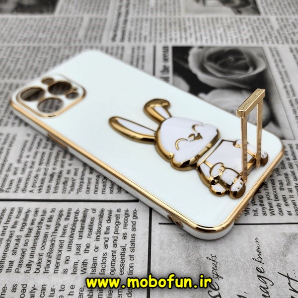 قاب گوشی iPhone 12 Pro Max آیفون طرح ژله ای خرگوشی استندشو مای کیس گلد لاین دور طلایی محافظ لنز دار سفید کد E42-171874