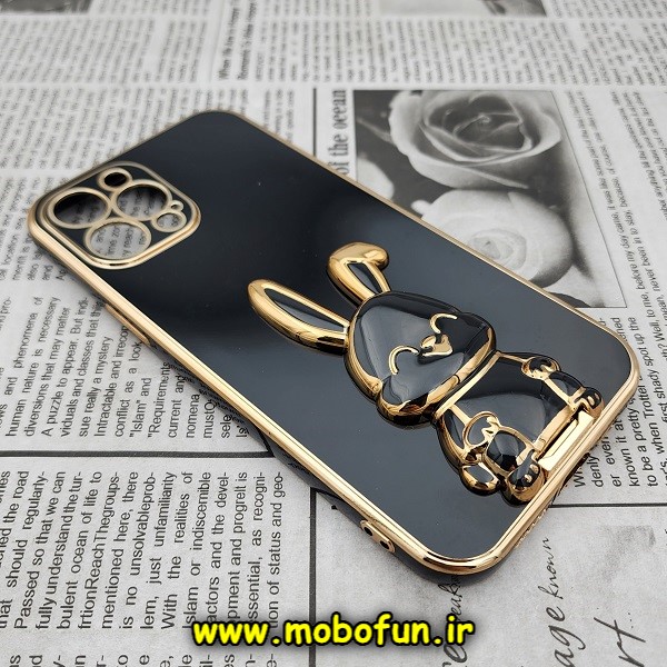 قاب گوشی iPhone 12 Pro Max آیفون طرح ژله ای خرگوشی استندشو مای کیس گلد لاین دور طلایی محافظ لنز دار مشکی کد 518