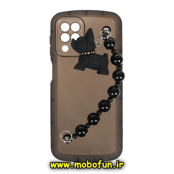 قاب گوشی Galaxy A12 سامسونگ طرح ژله ای شفاف بالشتی عروسکی سگ بولداگ محافظ لنز دار دستبندی مشکی کد 1050