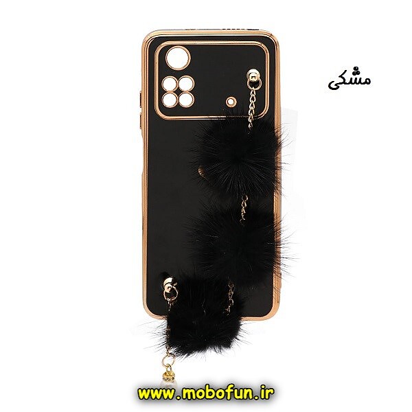 قاب گوشی Poco M4 Pro 4G شیائومی طرح مای کیس گلد لاین لاکچری دستبندی خزدار مرواریدی محافظ لنز دار مشکی کد 247