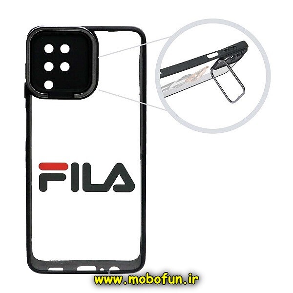 قاب گوشی Galaxy A12 - Galaxy M12 - Galaxy F12 سامسونگ متال کیس Metal طرح دار فانتزی فیلا FILA پشت طلق شفاف شیشه ای محافظ لنزدار استنددار مشکی کد 1064