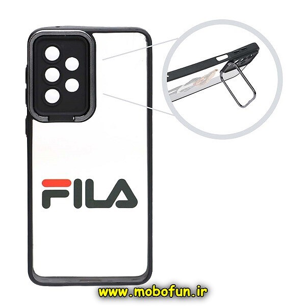 قاب گوشی Galaxy A33 5G سامسونگ متال کیس Metal طرح دار فانتزی فیلا FILA پشت طلق شفاف شیشه ای محافظ لنزدار استنددار مشکی کد 370